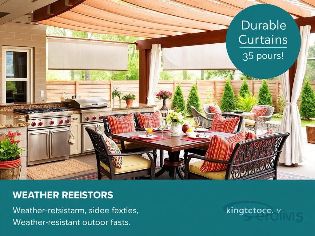 Outdoor kitchen dining area with colorful weather-resistant textiles