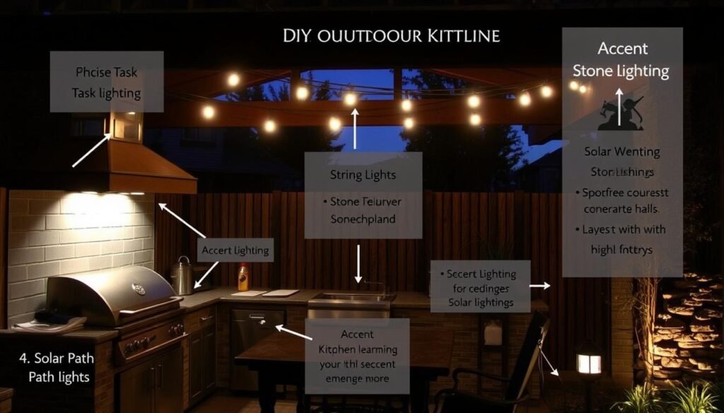 Outdoor kitchen lighting options for evening use