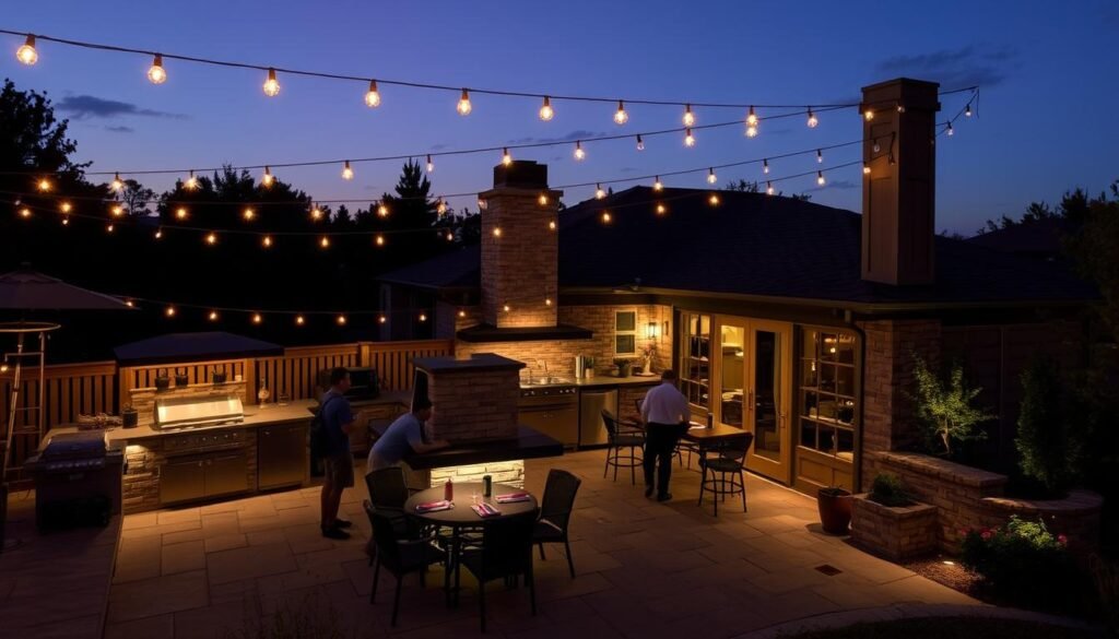 Outdoor kitchen patio at dusk with layered lighting including task lights, string lights, and landscape lighting