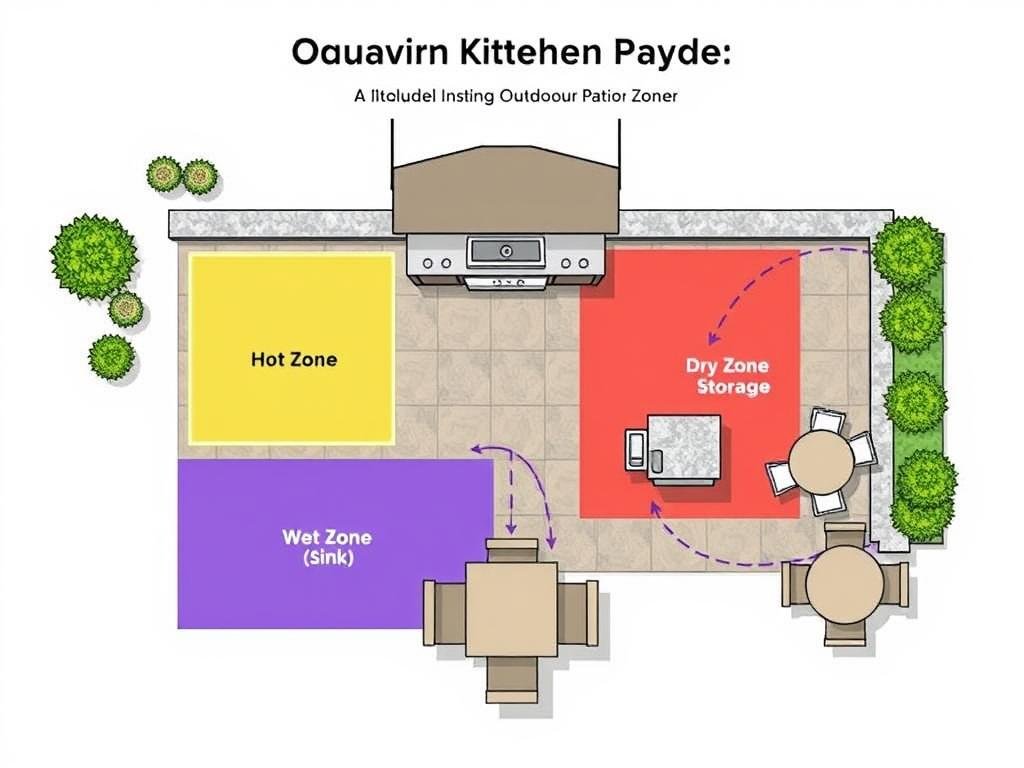 Outdoor kitchen patio functional zones diagram showing hot, cold, wet, dry, and dining areas