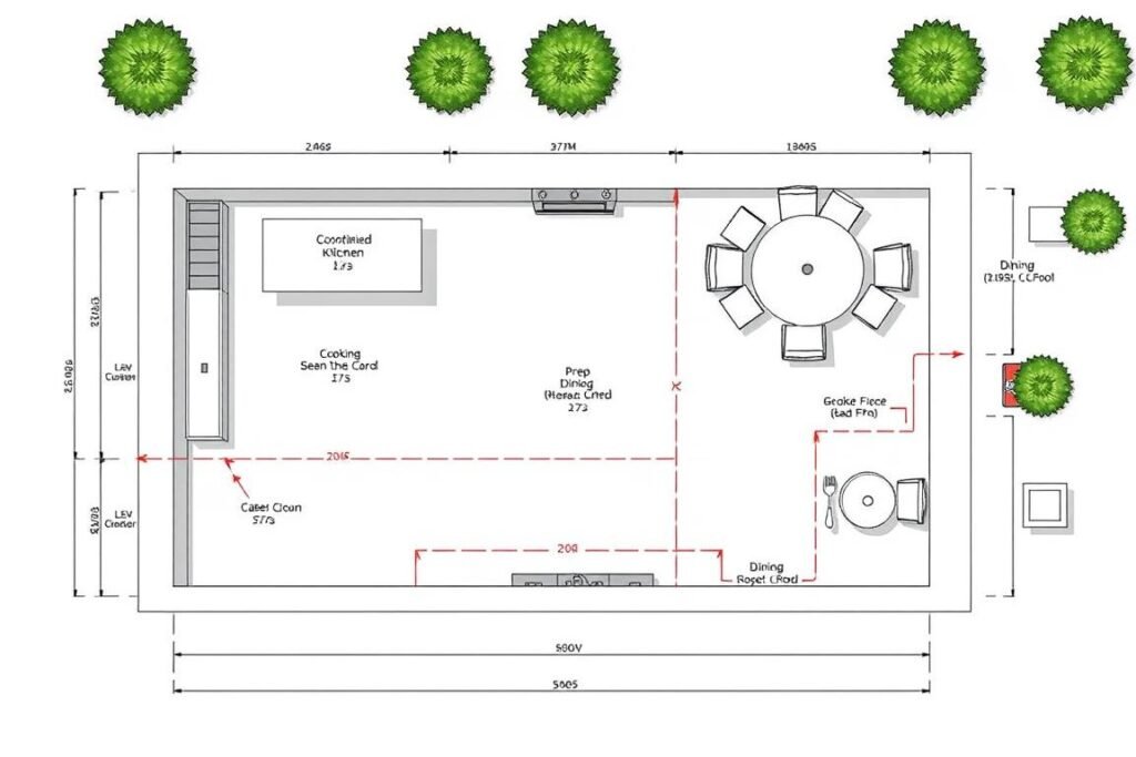 Outdoor kitchen patio planning diagram showing zones for cooking, prep, and dining areas
