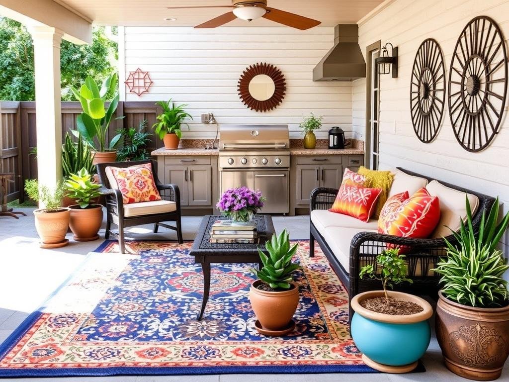 Outdoor kitchen patio with decorative elements including outdoor rug, throw pillows, potted plants, and wall art