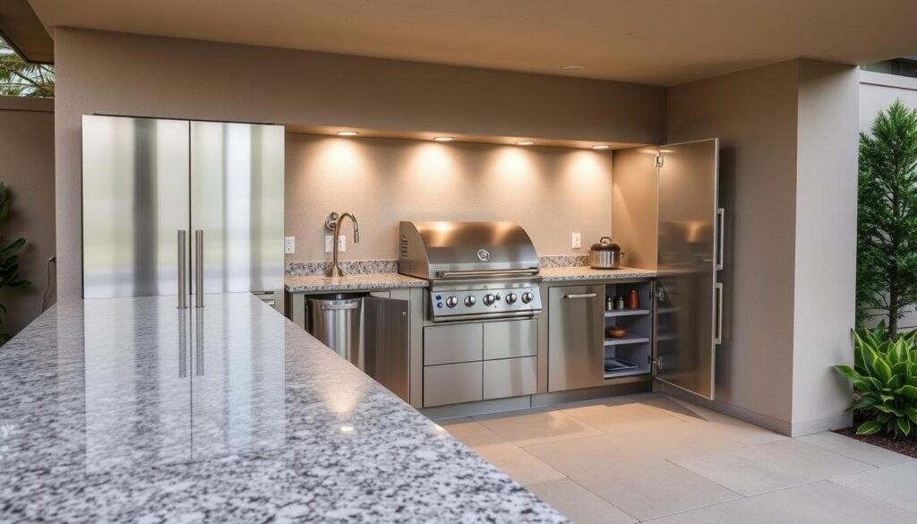 Outdoor kitchen patio with granite countertops and stainless steel cabinets
