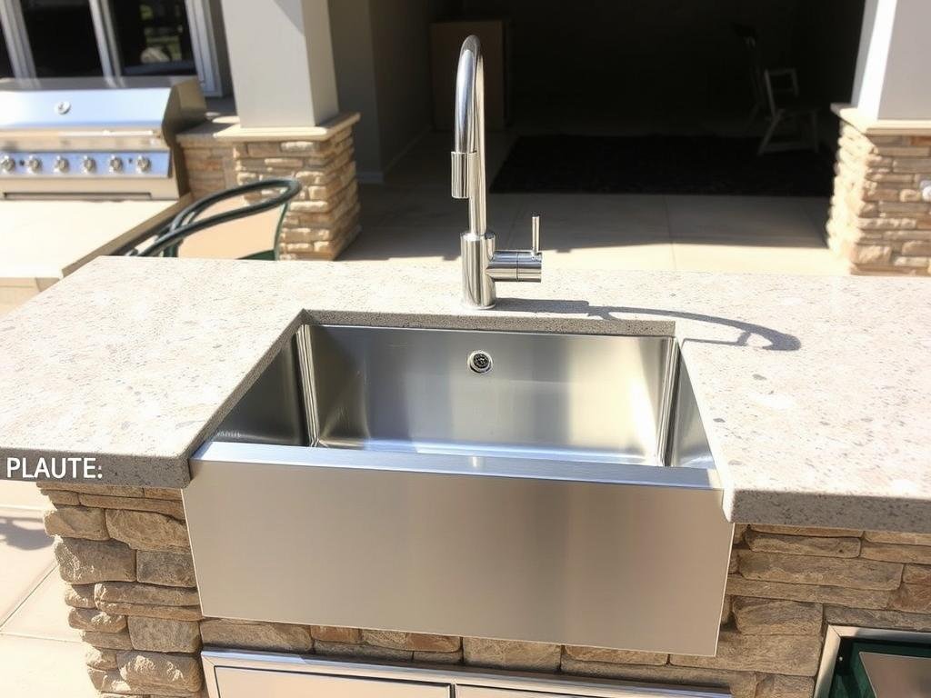 Outdoor kitchen patio with stainless steel sink and faucet
