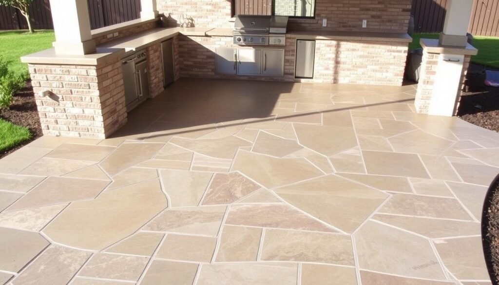 Outdoor kitchen patio with stamped concrete flooring in a natural stone pattern