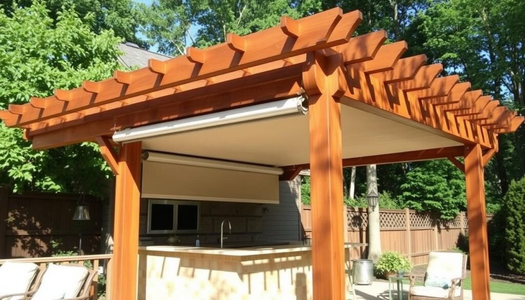 Outdoor kitchen patio with wooden pergola and retractable canopy