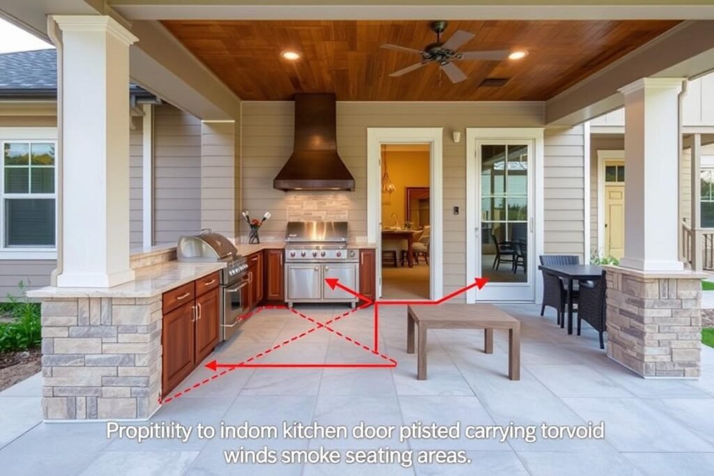 Outdoor kitchen positioned near house with convenient access