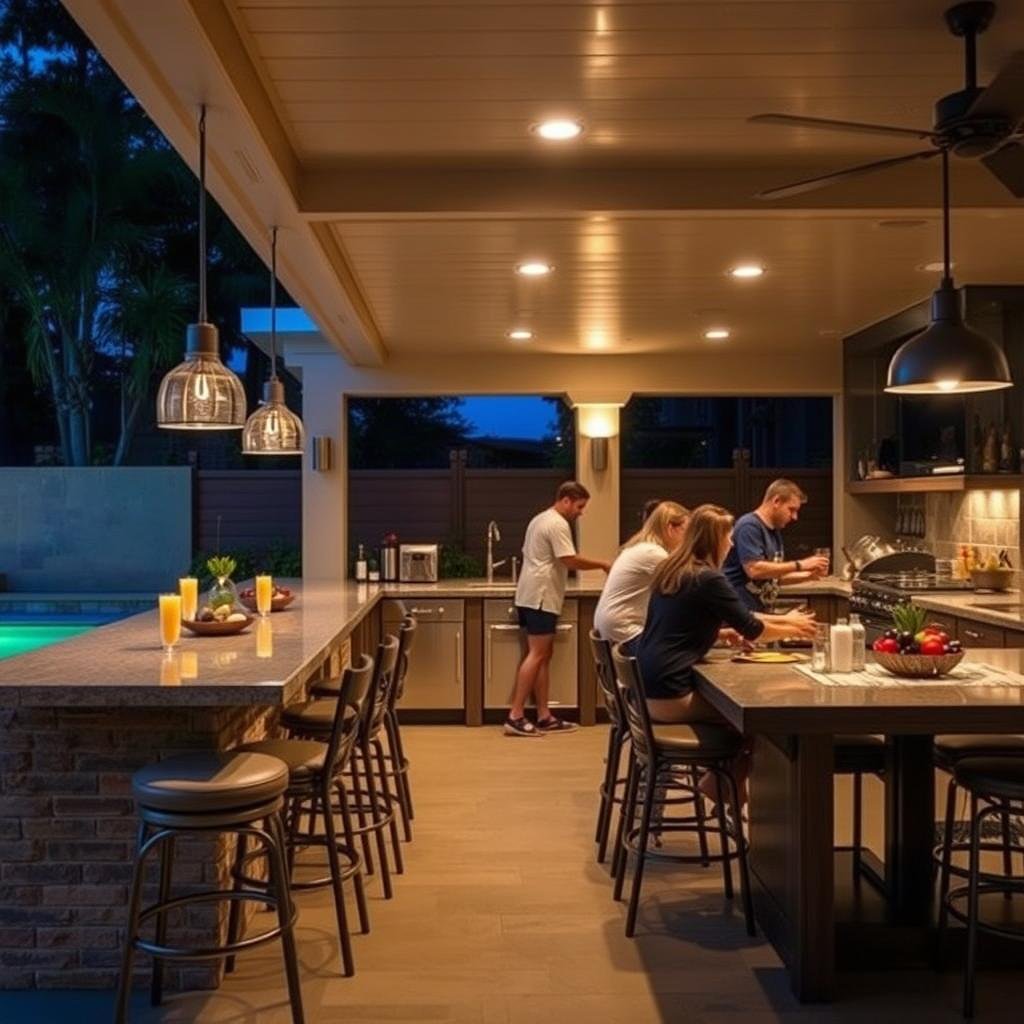 Outdoor kitchen social zone with bar seating and dining area