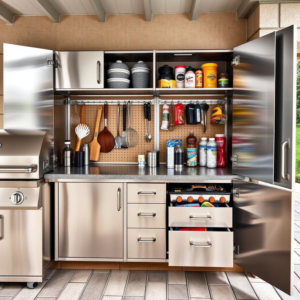 Outdoor kitchen storage zone with weather-resistant cabinets