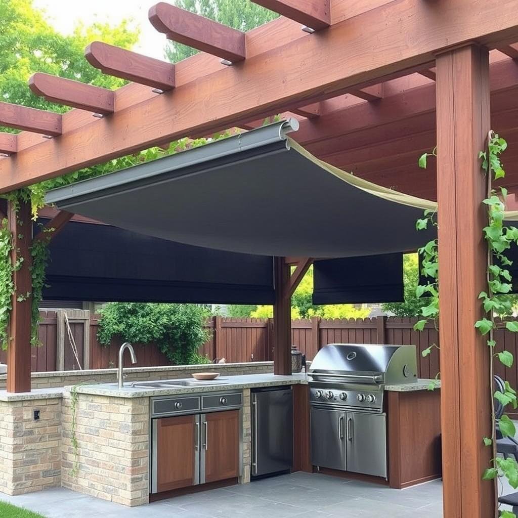 Outdoor kitchen under wooden pergola with retractable canopy