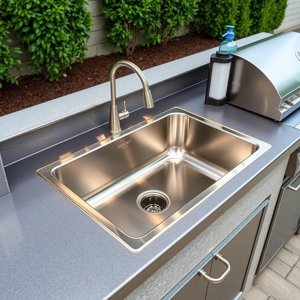 Outdoor kitchen wet zone with sink and prep area