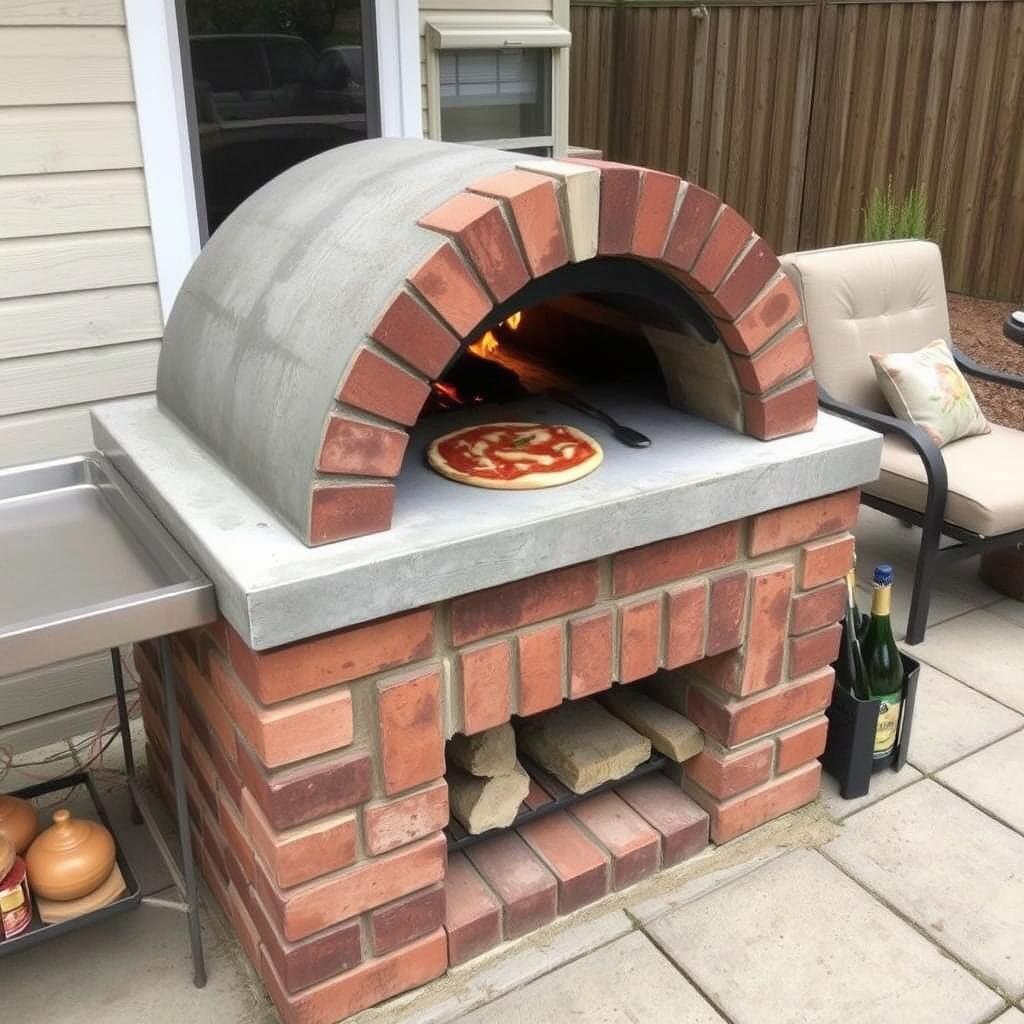 Outdoor kitchen with a DIY pizza oven made from bricks and concrete with a small prep area
