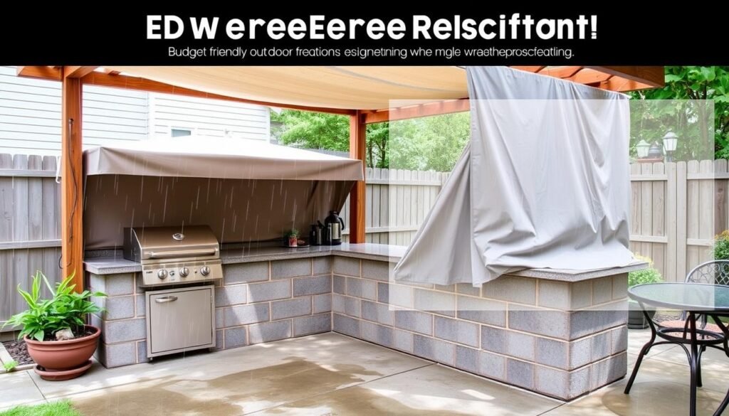 Outdoor kitchen with a pergola and weatherproof covers protecting the appliances