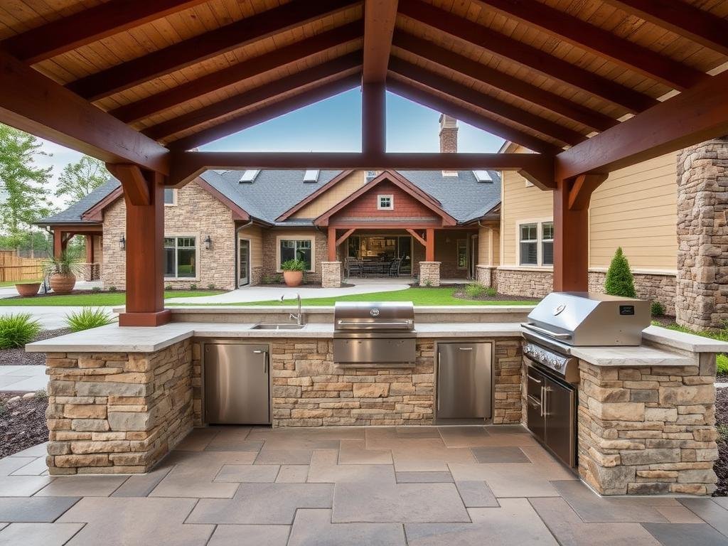 Outdoor kitchen with coordinated stone, wood, and metal materials