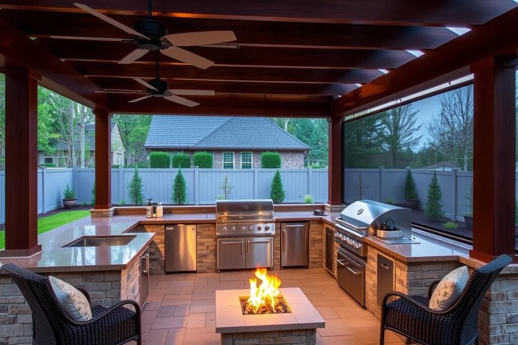 Outdoor kitchen with integrated fire pit and ceiling fans for year-round comfort