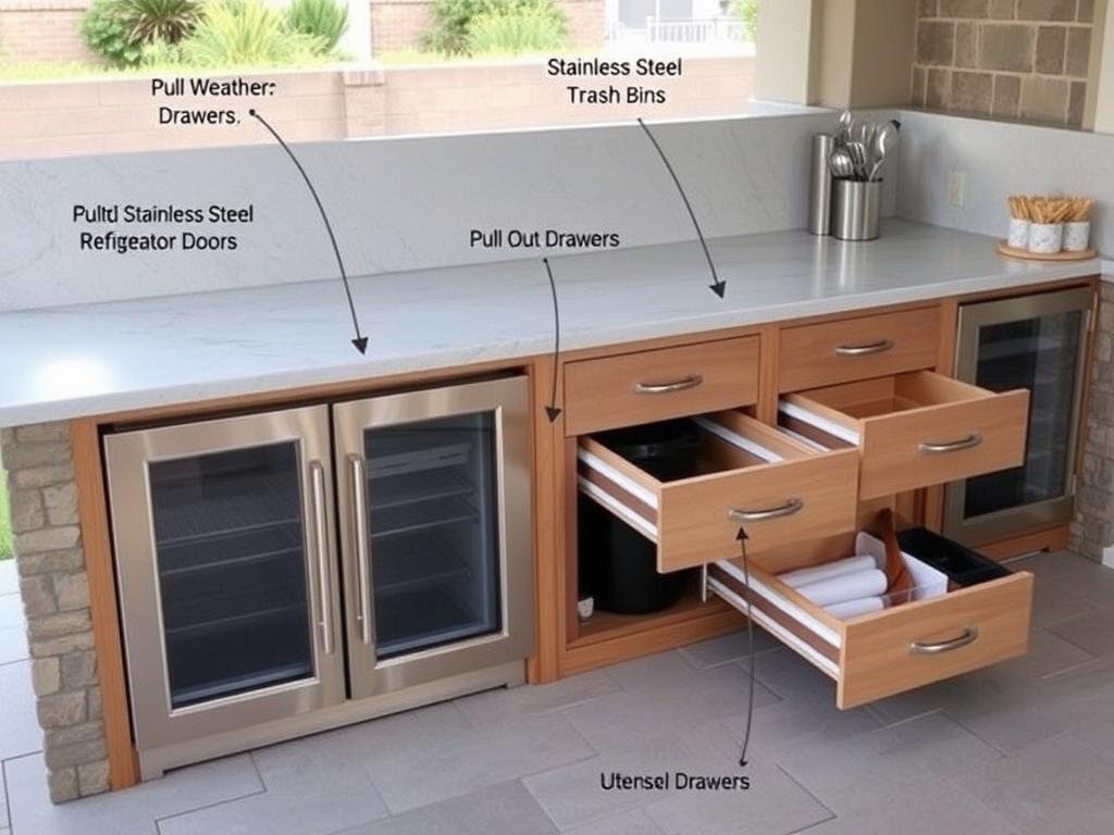 Outdoor kitchen with refrigerator drawers and storage cabinets