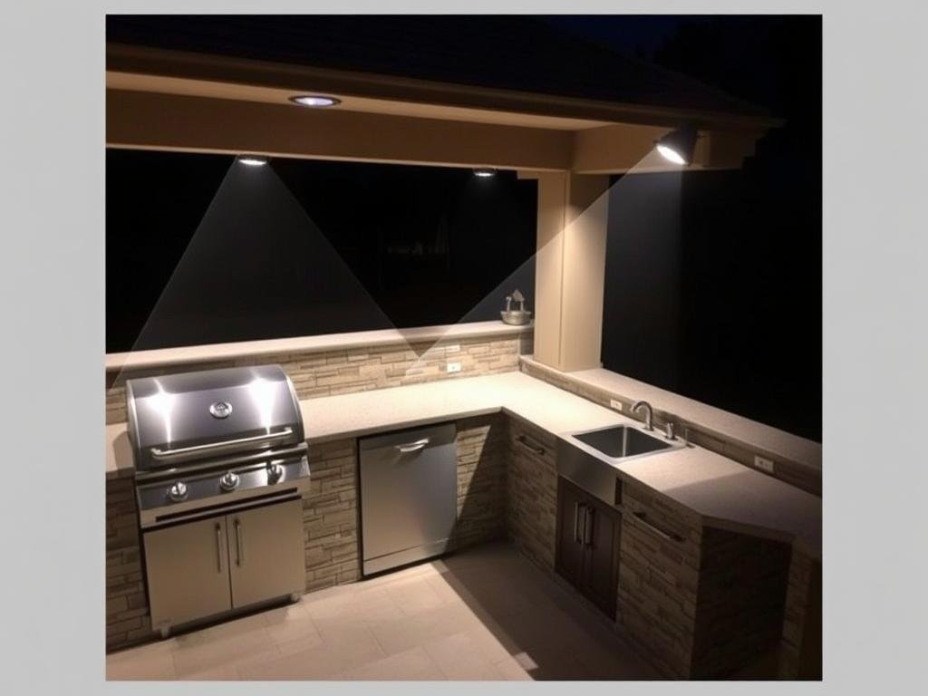 Outdoor kitchen with task lighting over grill and prep areas