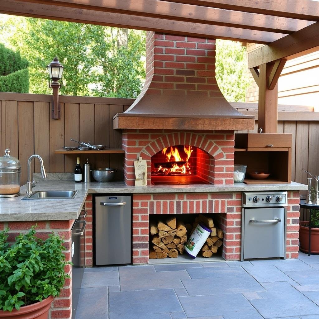 Outdoor kitchen with wood-fired pizza oven as focal point
