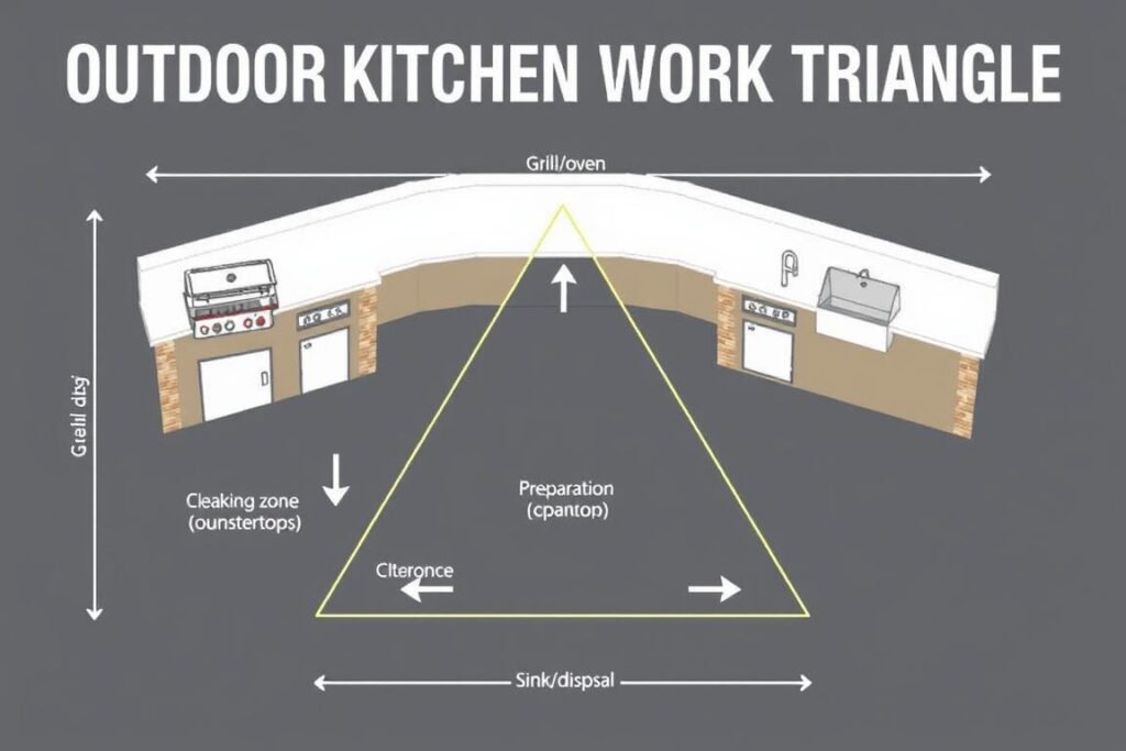 Outdoor kitchen work triangle diagram showing cooking, prep and cleaning zones