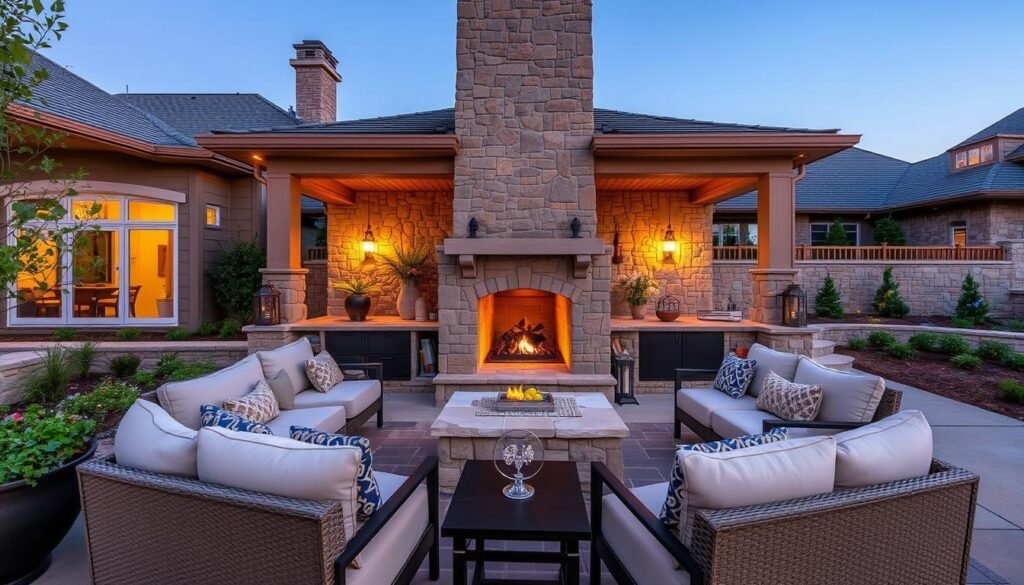 Outdoor living space centered around a large stone fireplace with comfortable seating