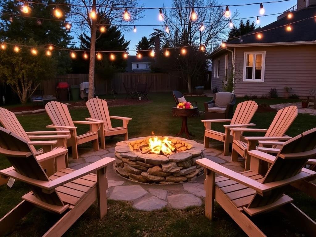 Outdoor living space centered around a stone fire pit with Adirondack chairs