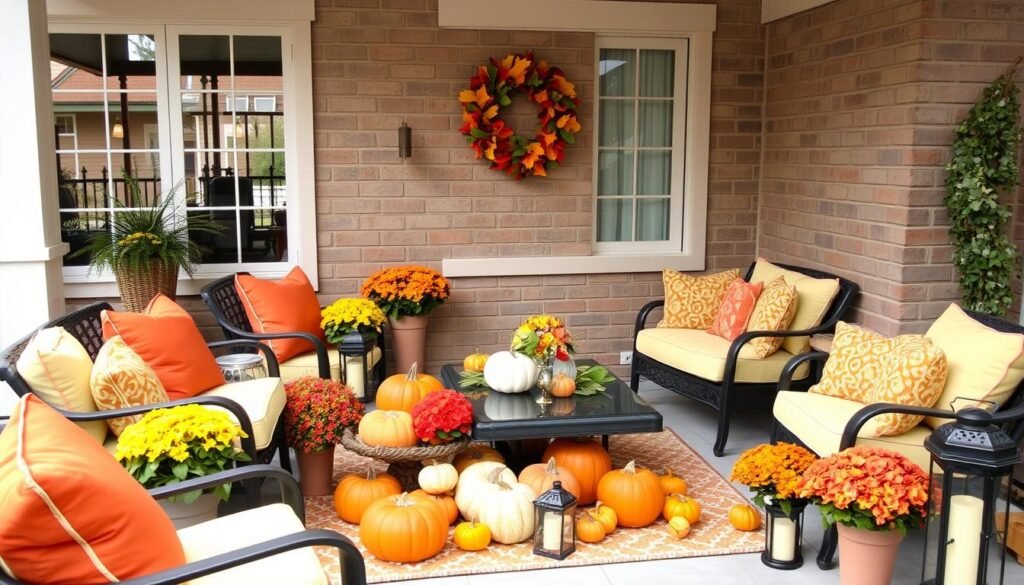 Outdoor living space decorated for fall with seasonal elements