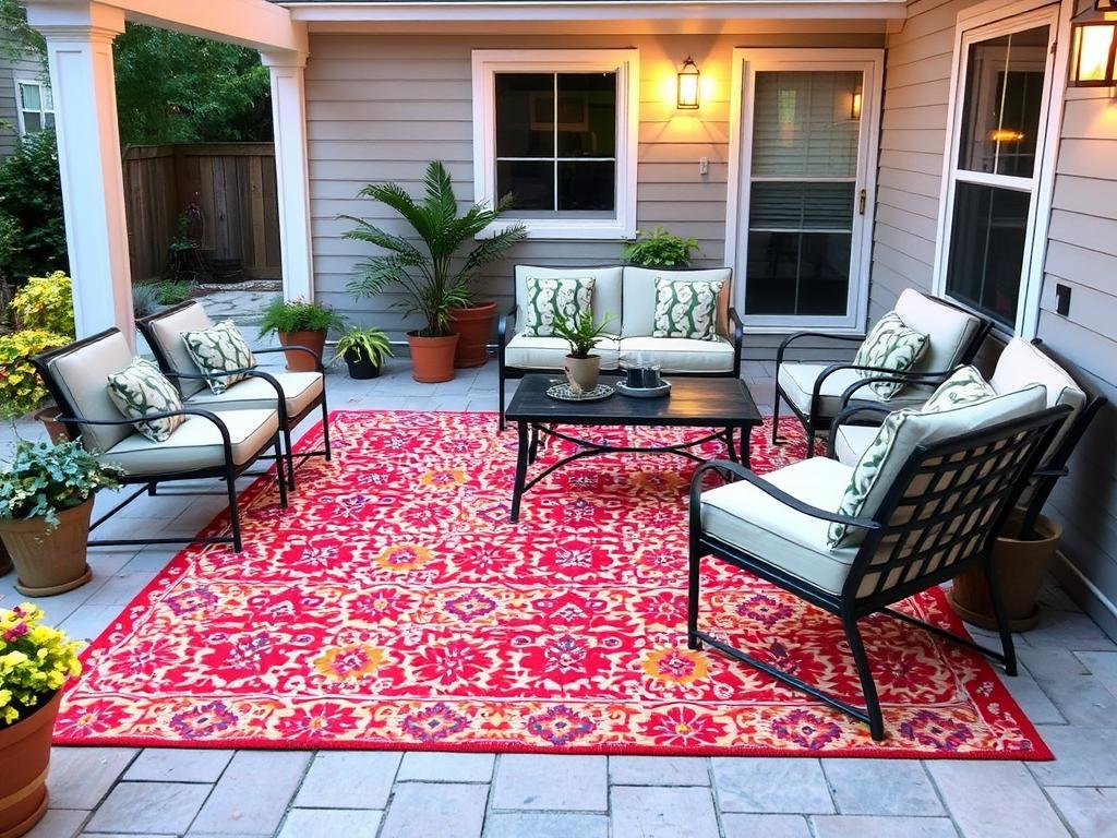 Outdoor living space with colorful rug defining the seating area