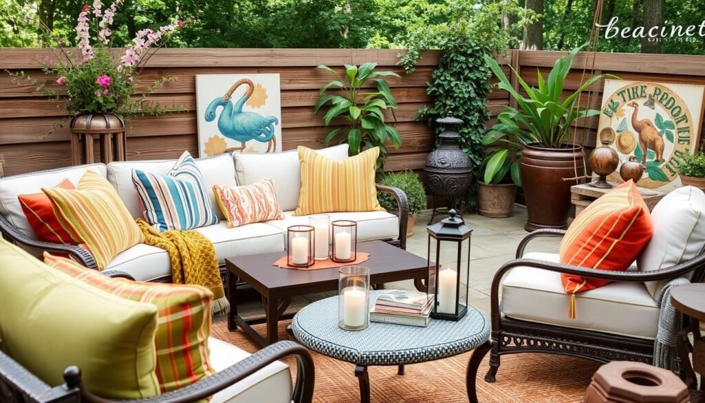 Outdoor living space with pillows, throws, lanterns, and decorative accessories