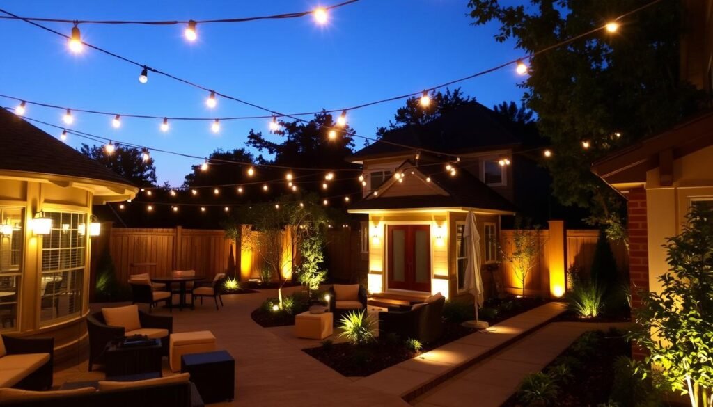 Outdoor living space with string lights, pathway lighting, and accent lights