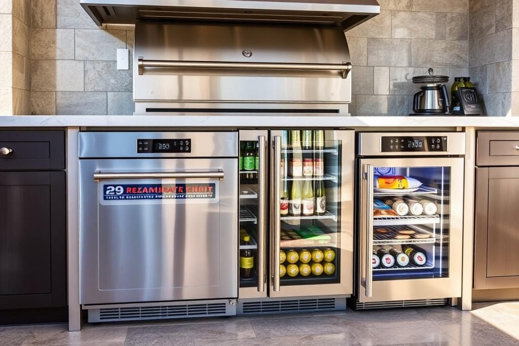 Outdoor-rated refrigerator drawers and beverage center in a luxury outdoor kitchen