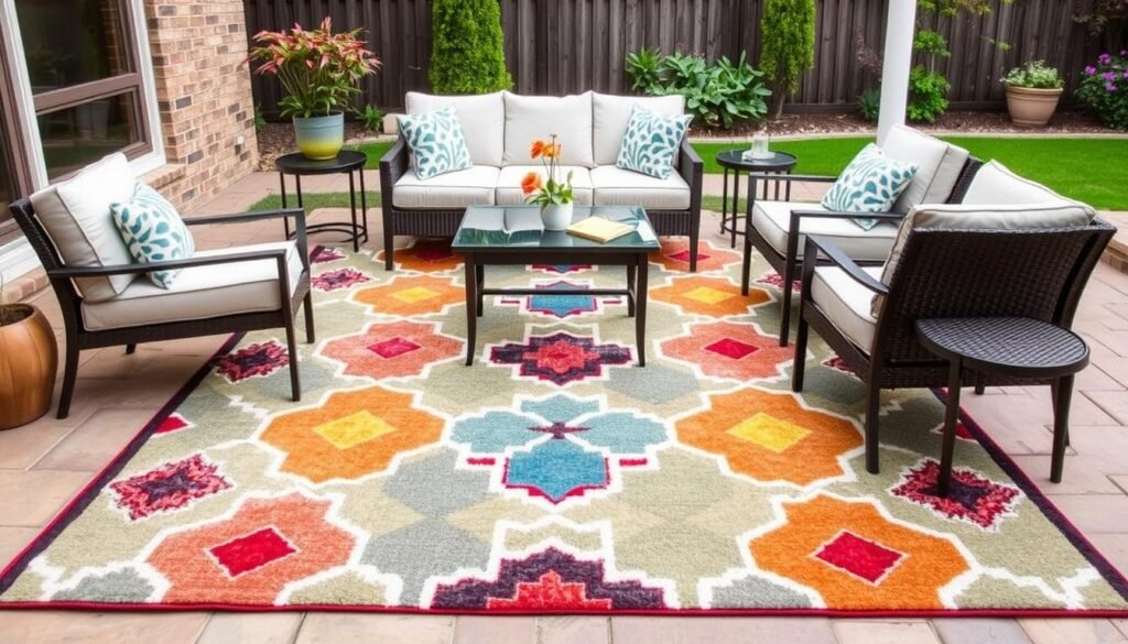 Outdoor seating area with a colorful weather-resistant rug defining the space Outdoor seating area with a colorful weather-resistant rug defining the space