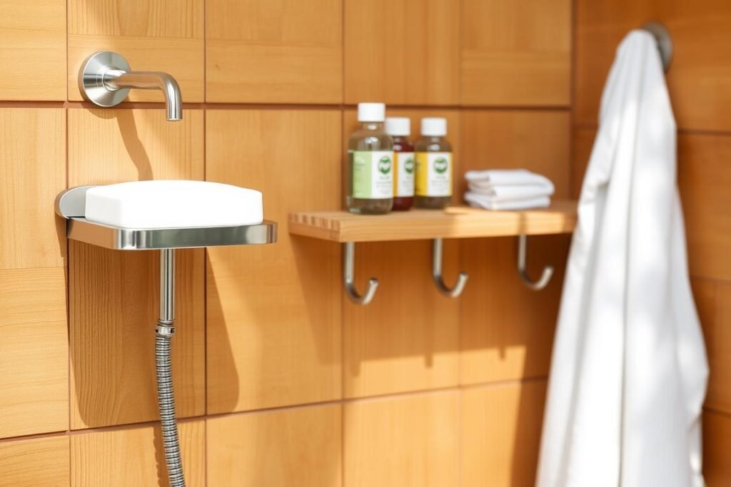 Outdoor shower accessories including soap dish, hooks, and shelf