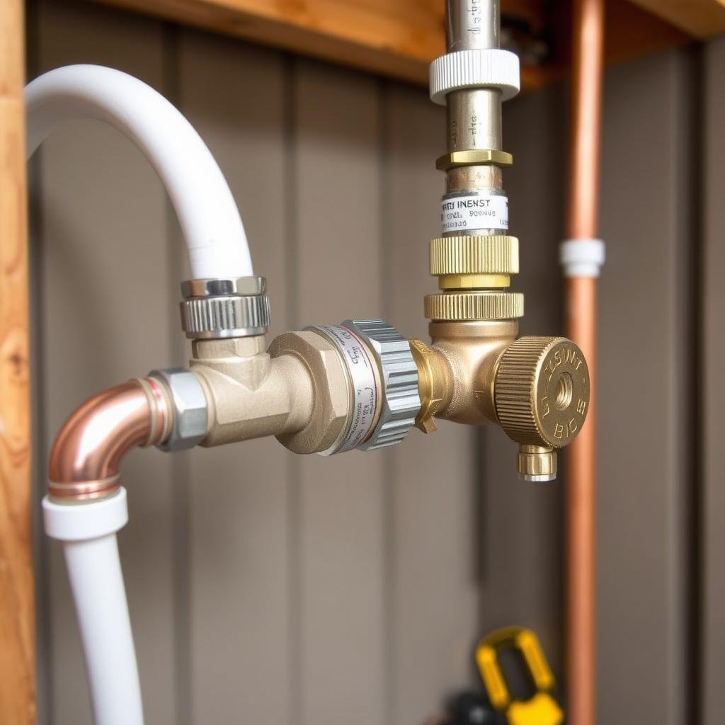 Outdoor shower plumbing with hot and cold water lines and shut-off valves
