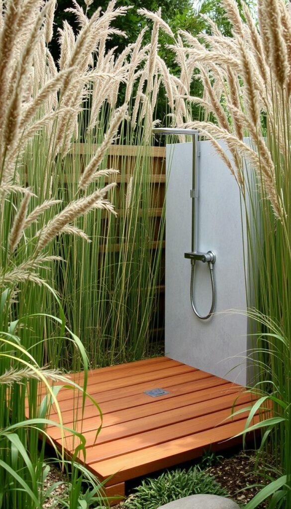 Outdoor shower surrounded by tall ornamental grasses providing natural privacy Outdoor shower surrounded by tall ornamental grasses providing natural privacy