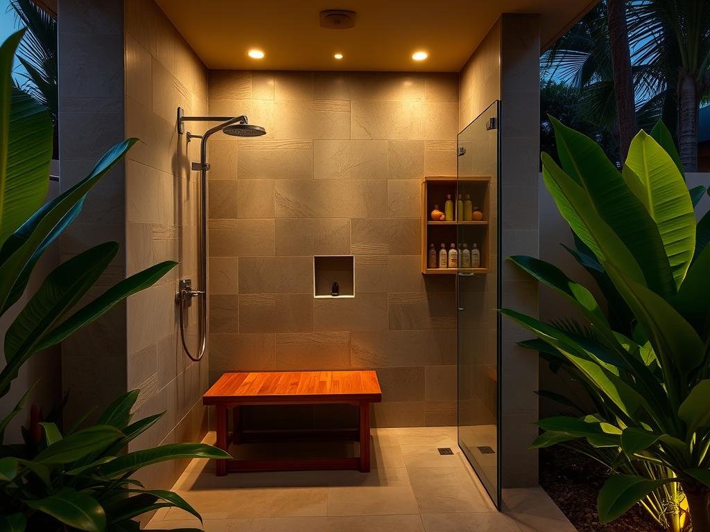 Outdoor shower with built-in teak bench and natural stone tile