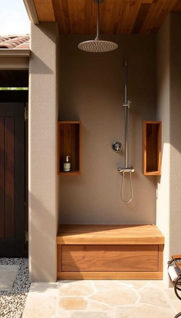 Outdoor shower with built-in teak storage niches for toiletries Outdoor shower with built-in teak storage niches for toiletries