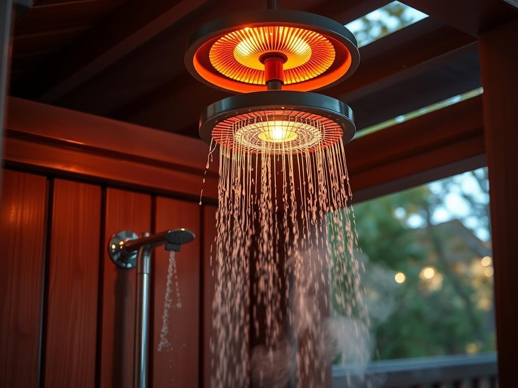 Outdoor shower with heat lamp for cooler weather use