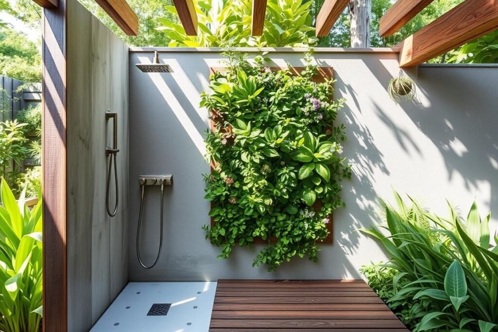 Outdoor shower with living green wall providing natural privacy