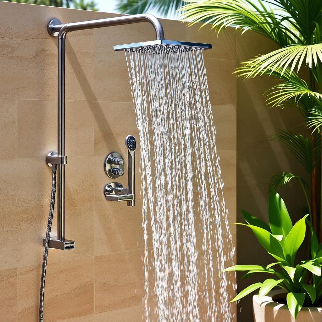 Outdoor shower with multiple body jets and handheld sprayer
