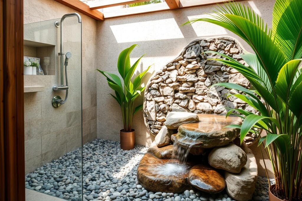 Outdoor shower with pebble floor and stone accent wall