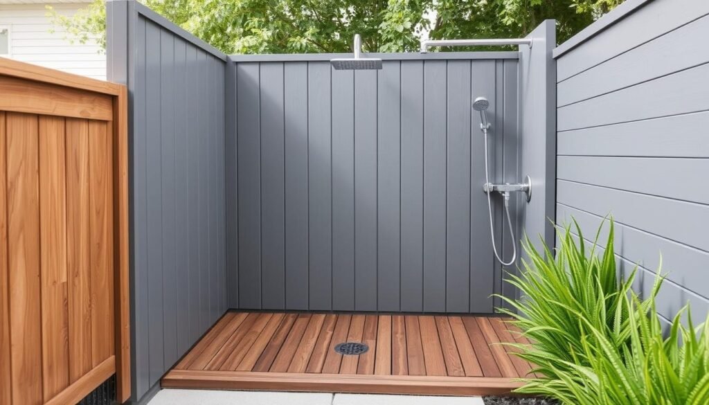 Outdoor shower with weather-resistant composite privacy walls and teak flooring Outdoor shower with weather-resistant composite privacy walls and teak flooring