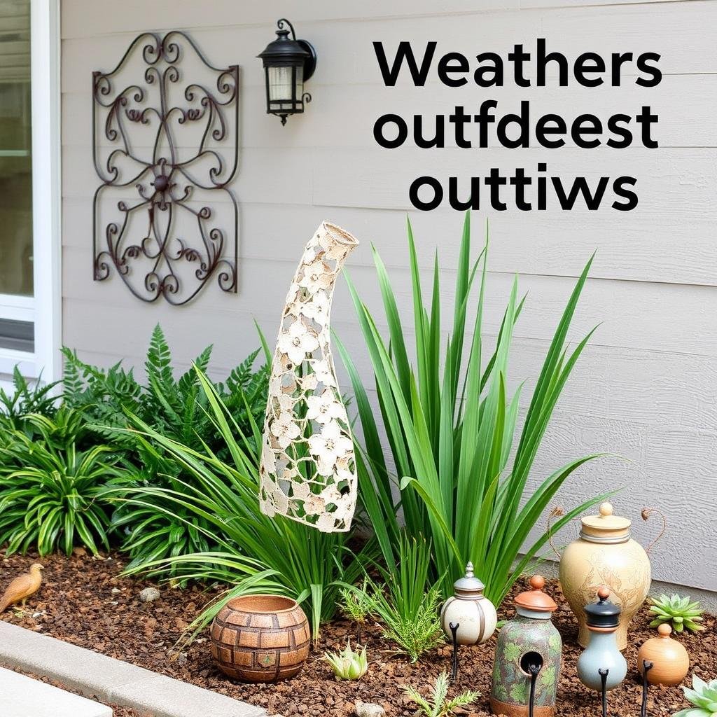 Outdoor wall art and sculpture in garden setting