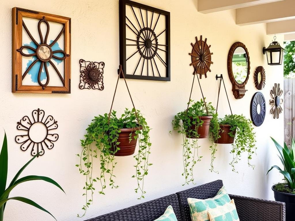 Outdoor wall with decorative elements including wall art and hanging planters