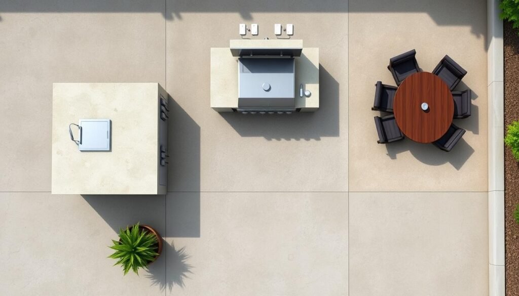 Overhead view of concrete outdoor kitchen layout showing prep, cooking, and dining zones