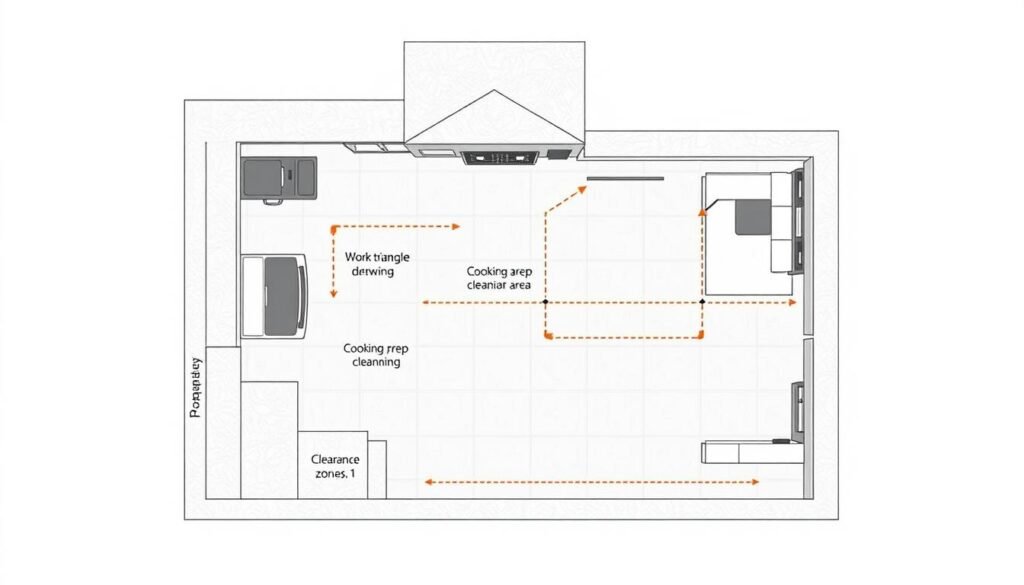 Overhead view of modern outdoor kitchen layout showing optimal workflow and traffic patterns Overhead view of modern outdoor kitchen layout showing optimal workflow and traffic patterns
