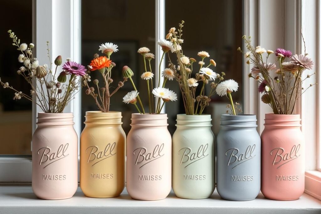 Painted mason jars used as flower vases in different colors