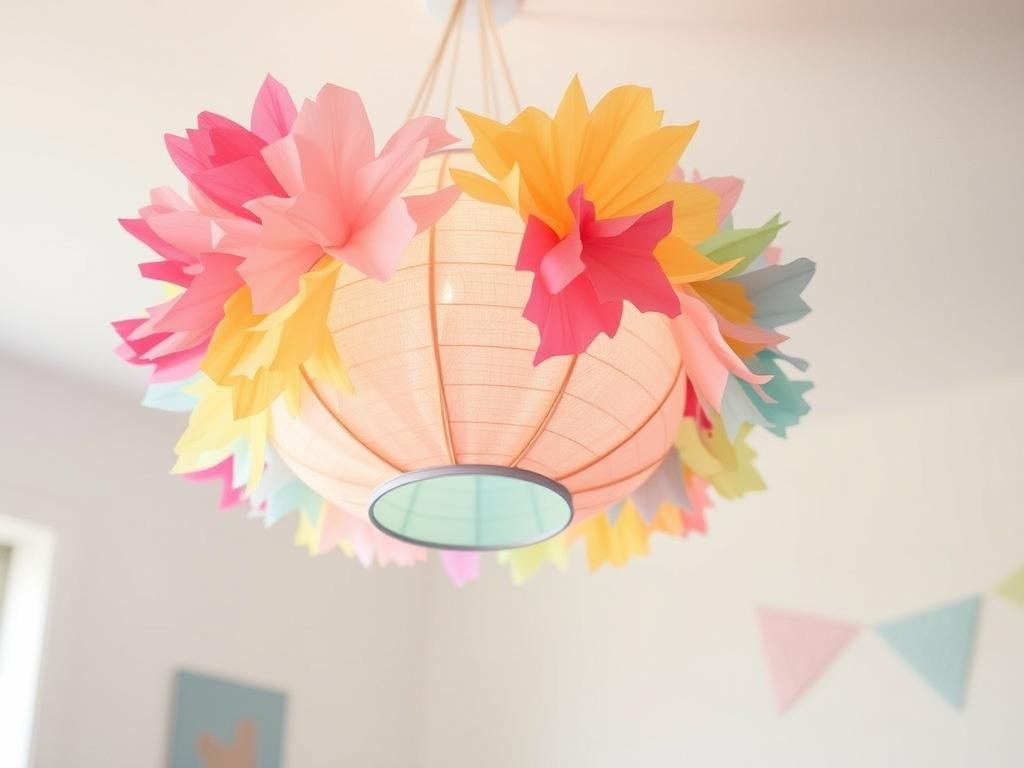 Paper lantern chandelier with colorful tissue paper design Paper lantern chandelier with colorful tissue paper design