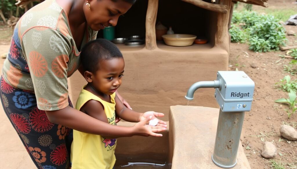 Parent and child washing hands at an outdoor station next to a mud kitchen, demonstrating safety practices Parent and child washing hands at an outdoor station next to a mud kitchen, demonstrating safety practices