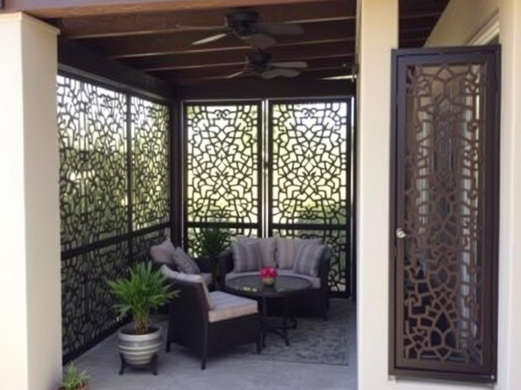 Patio with decorative metal privacy screens creating an intimate space