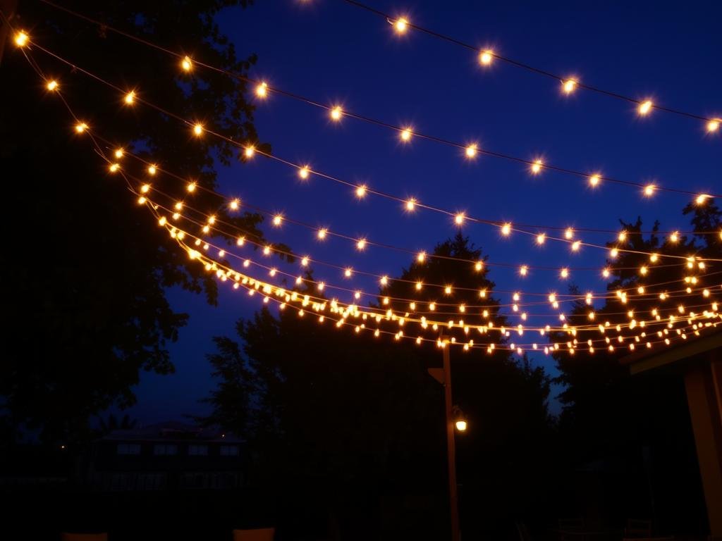 Patio with string lights creating ambient overhead lighting